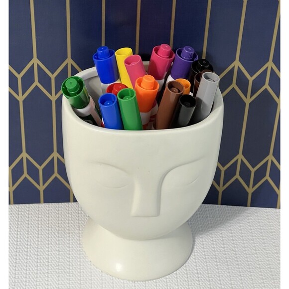 Ceramic Face Head Pedestal Planter Vase Etched 3D White Utensil Crock Organizer - Picture 12 of 17